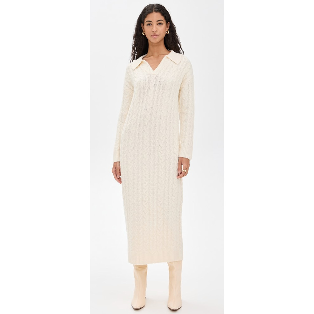 Line & Dot Tuckernuck Cream Ezra Polo Collared Cable Knit Midi Sweater Dress M